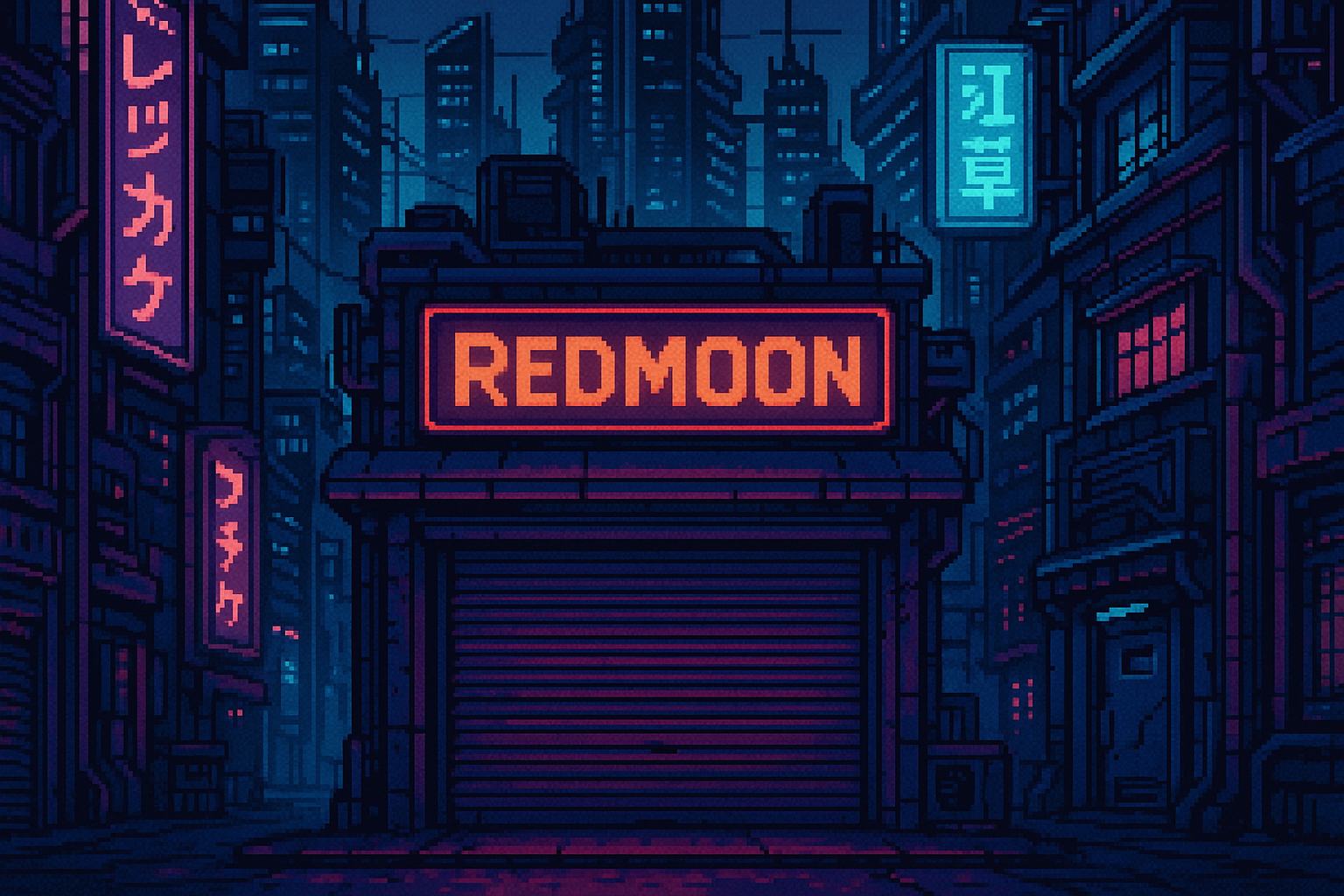 haz una tienda cerrada con un letrero que diga "RedMoon" en medio de varios edificios futuristas japoneses al estilo pixel art retro